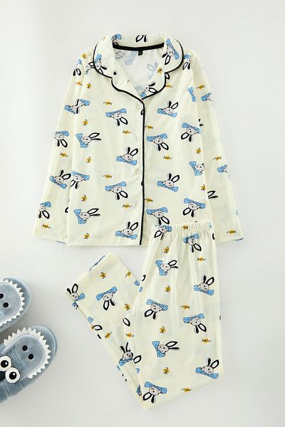 TRENDYOLKIDS Girls' Ecru Cotton Rabbit Print Pajamas Set - Knitted Bottom-Top Set Tkdaw25Au00125