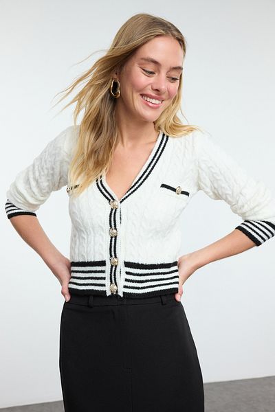 Trendyol Collection Soft Textured Ecru Knitwear Crop Cardigan - Color Block Twoaw25Hi00250