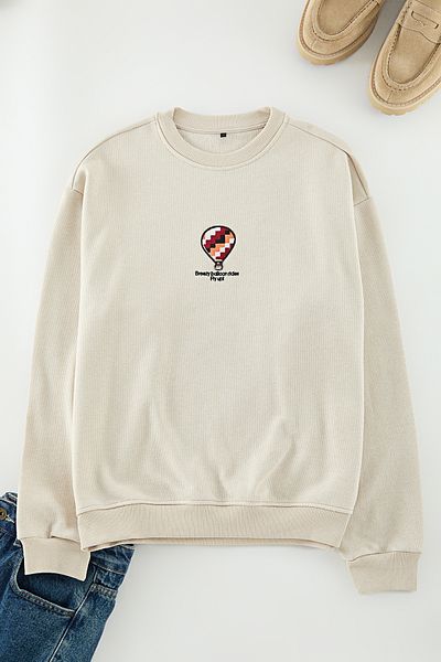 Trendyol Collection Stone Oversize/Wide Cut Crew Neck Textured Embroidery Detailed Unmarked Sweatshirt Tmnaw25Sw00155