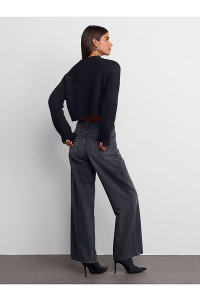Dilvin 71720 Model - Black Wide Cut Laser Cut Denim Trousers