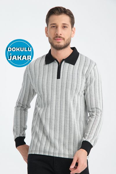 GW Gorje Men's Textured Jacquard Regular Fit Polo Collar Zippered Knitwear Sweater