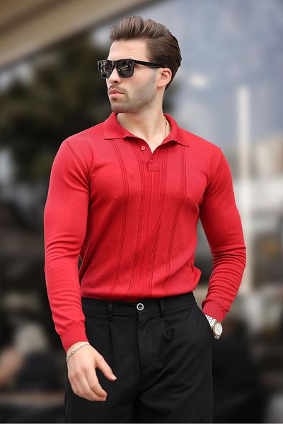 Madmext Red Polo Neck Striped Men's Knitwear Sweater 7265