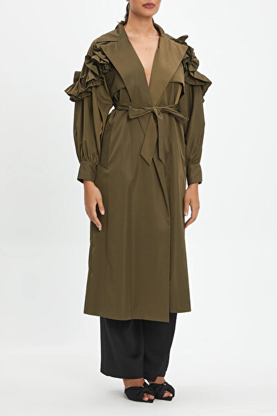 SERPİL Belden Bağcıklı Omuz Fırfır Detaylı Haki Trençkot 39062