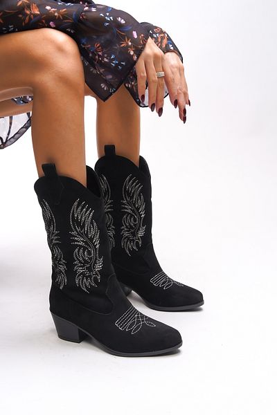 Riccon Dámské westernové boty Ihiovana Black Suede – vyšívané, 001288