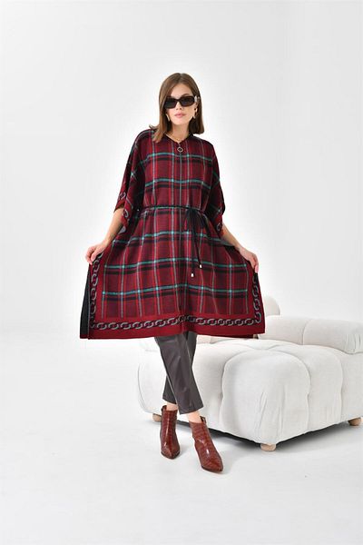 FTZ WOMEN Poncho de damă cu detaliu în carouri Roșu Claret 21-1116
