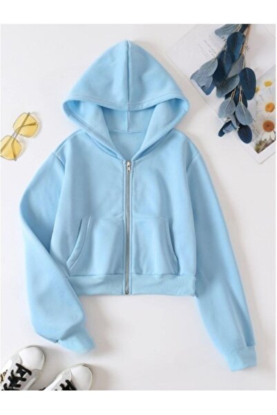 MOONBULL Kadın Oversize Fermuarlı Kapüşonlu Crop Sweat Hırka