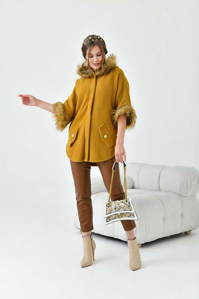 FTZ WOMEN Women's Fur Detailed Poncho Mustard 20701