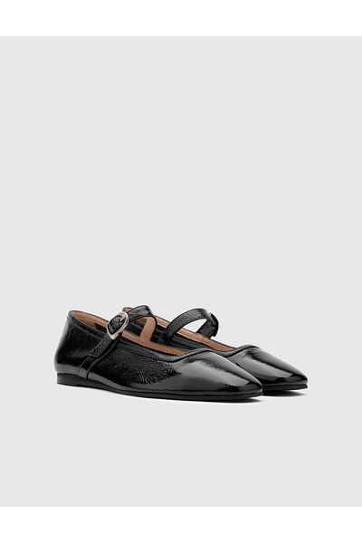 İLVİ Kaori Genuine Wrinkled Patent Leather Women's Black Loafer Shoes