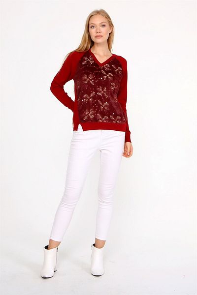 FTZ WOMEN Tricotaj de damă cu broderie de pluș Roșu Claret 21-1043