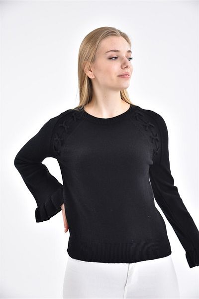 FTZ WOMEN Pulover scurt de damă cu detaliu din dantelă negru 21-1244