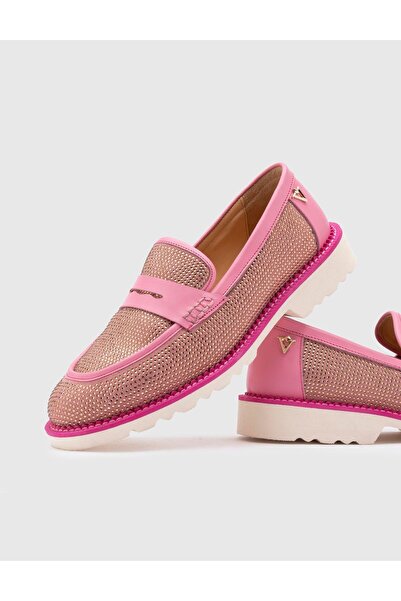 İLVİ Ekala Hakiki Süet Deri Taşlı Kadın Pembe Loafer Ayakkabı