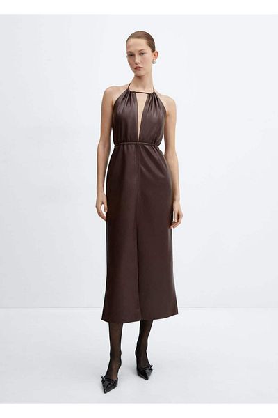 MANGO Woman Rochie cu decolteu cu halter cu aspect piele