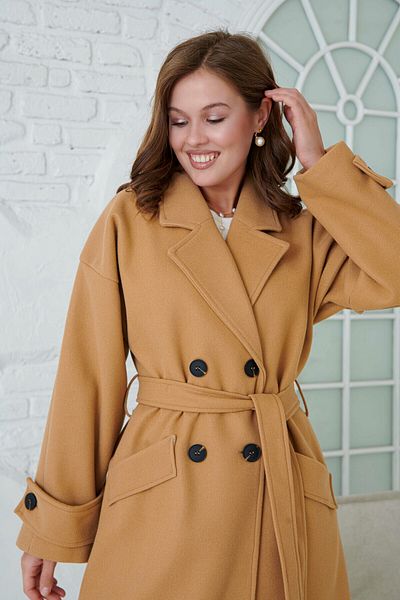 WOMAN VISION Μακρυμάνικο παλτό Midi Camel με διπλό στήθος γιακά και ζώνη - με επένδυση από τους ώμους 9001