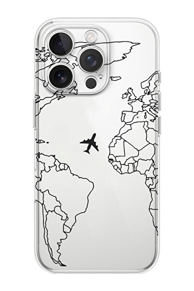 shoptocase iPhone 16 PRO MAX Uyumlu Çizgisel Harita Desenli Şeffaf Silikon Te...