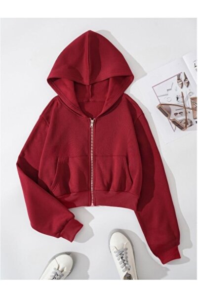 MOONBULL Kadın Oversize Fermuarlı Kapüşonlu Crop Sweat Hırka