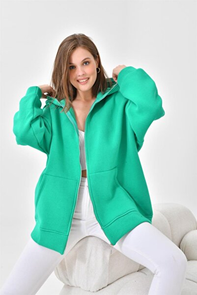 FTZ WOMEN Kadın Oversize 3 Ip Şardonlu Fermuarlı Sweatshırt Benetton 10002