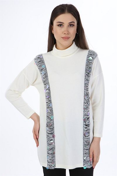 FTZ WOMEN Women's Sequin Sequin Stripe Detail Knitwear Ecru 21-1328