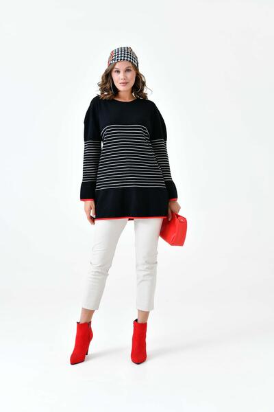 FTZ WOMEN Kadın Çizgili Kazak Siyah 20841