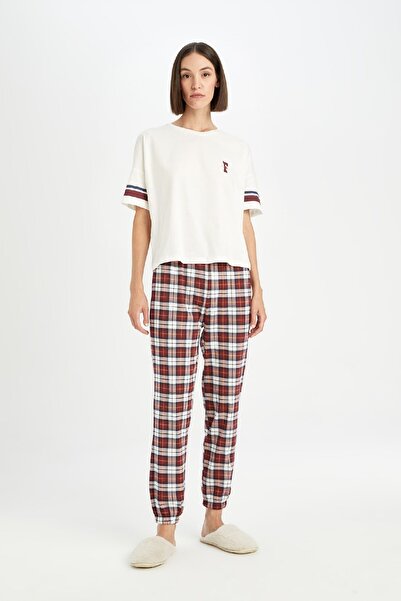 DeFacto Crew Neck Printed Pajamas Set - Short Sleeve, Checkered Waist, Elastic Bottom D5662Ax24Au