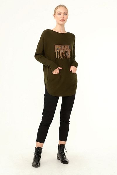 FTZ WOMEN Khaki Colored Women's Oversize Sweater - Front Embroidered 21-1290