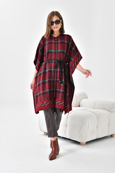 FTZ WOMEN Poncho de damă cu detaliu în carouri Roșu Claret 21-1116