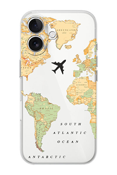 shoptocase iPhone 16  Uyumlu Eski Dünya Haritası Desenli Şeffaf Silikon Telef...