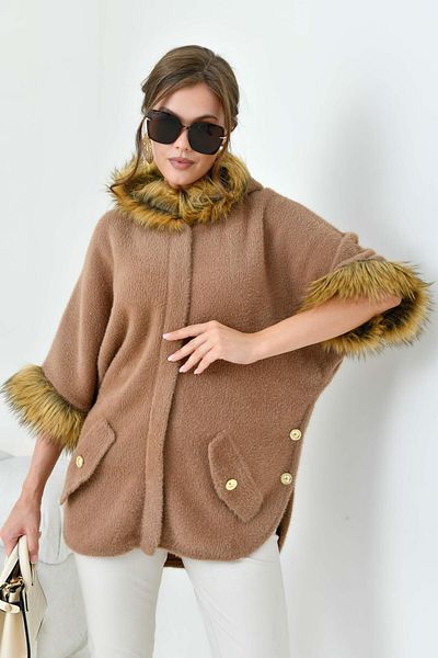 FTZ WOMEN Women's Fur Detailed Poncho Biscuit 20701