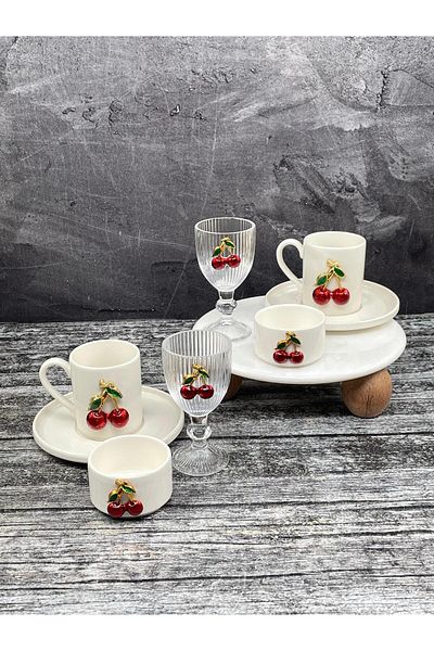 YzHome 2-Person Porcelain Cherry Cup Set and 2 Porcelain Cherry Bottles and 2 Glass Cups