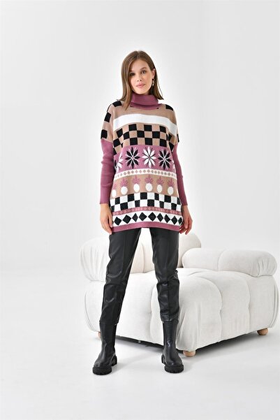 FTZ WOMEN Kadın Karışık Desen Triko Kazak Gül 20432