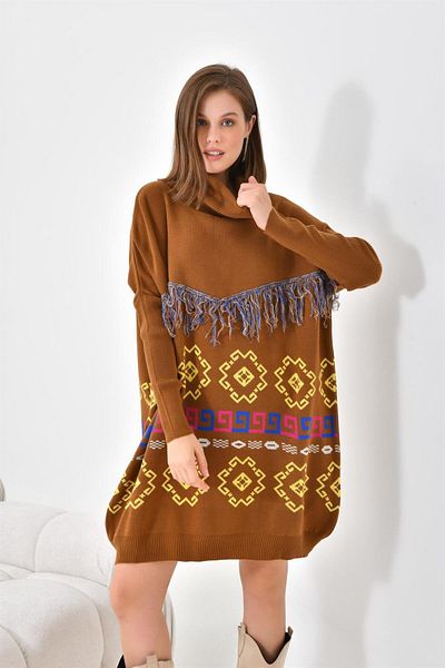 FTZ WOMEN Women's Tassel Detailed Tunic Tan 20107