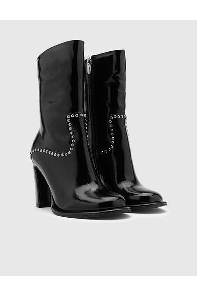 İLVİ Coleman Genuine Wrinkled Patent Leather Women's Black Heeled Boots