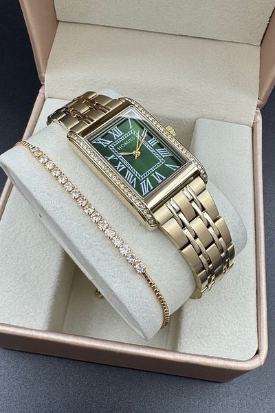 Homies Rectangular Stoned Women's Wristwatch Gold Color Green Dial Bracelet.