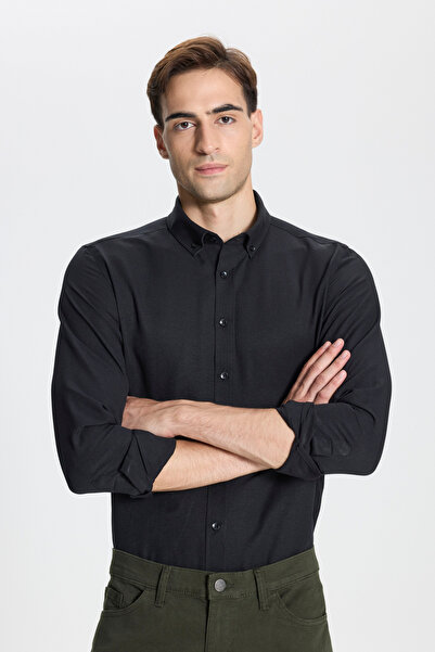 George Henry Βαμβακερό γιακά με κουμπιά Oxford Easy-Iron Ανδρικό μαύρο πουκάμισο με λεπτή εφαρμογή