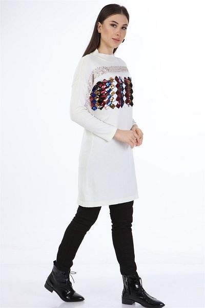 FTZ WOMEN Ecru Knitwear Women's Sequined Front Design - 21-1238