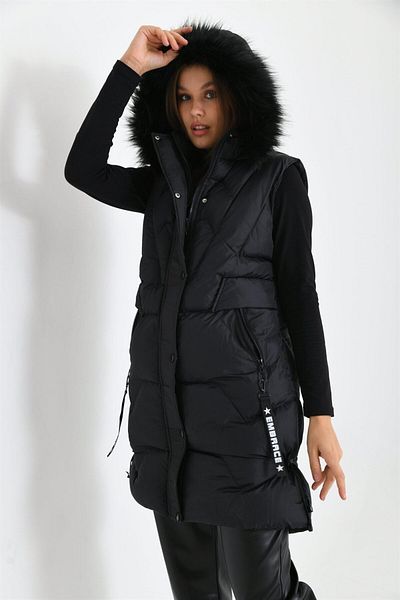 FTZ WOMEN Black Puffer Vest - Fur Detailed, Women's, Rbn2029