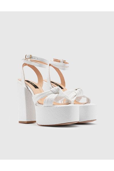İLVİ Alcott White Heeled Leather Women's Sandals - Genuine Snake Printed