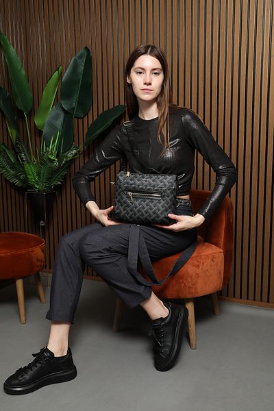 Piedra Black Long-Eyed Knitted Patterned Design New Season Women's Bag with Zippered Shoulder Strap