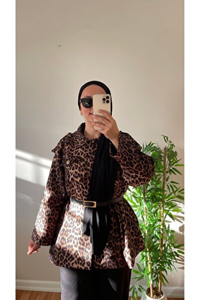 DEMET Namur Kemerli Astarlı Leopar Ceket
