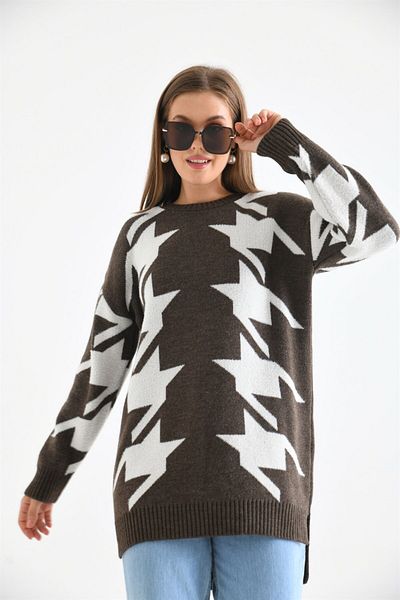 FTZ WOMEN Women's Houndstooth Detailed Blouse Brown 20031