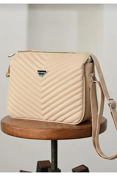 eflanmoda Sanmorris bej rengi 3 bölmede çapraz kullanıma uygun omuz çantası