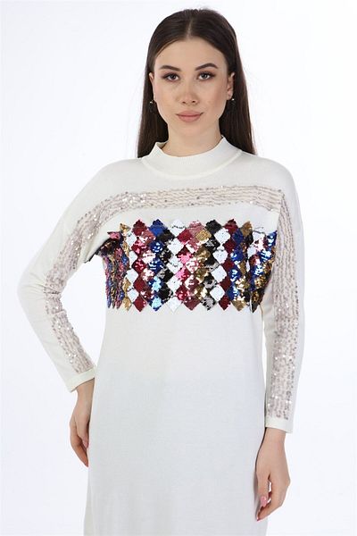 FTZ WOMEN Ecru Knitwear Women's Sequined Front Design - 21-1238