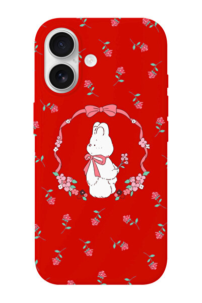 shoptocase iPhone 16 Uyumlu Kurdele Bear Desenli İçi Süet Silikon Telefon Kılıfı