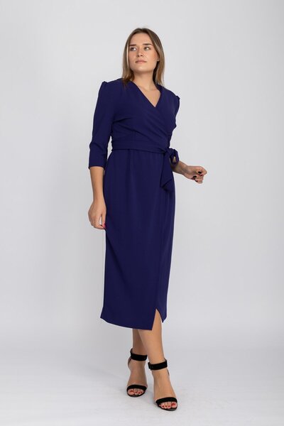 AYHAN 61246 Büyük Beden Kruvaze Yaka Bağlamalı Krep Elbise