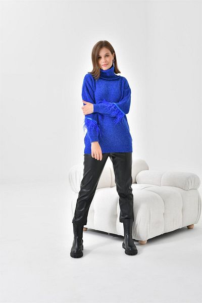 FTZ WOMEN Women's Feather Detailed Sweater Saks Blue 20409