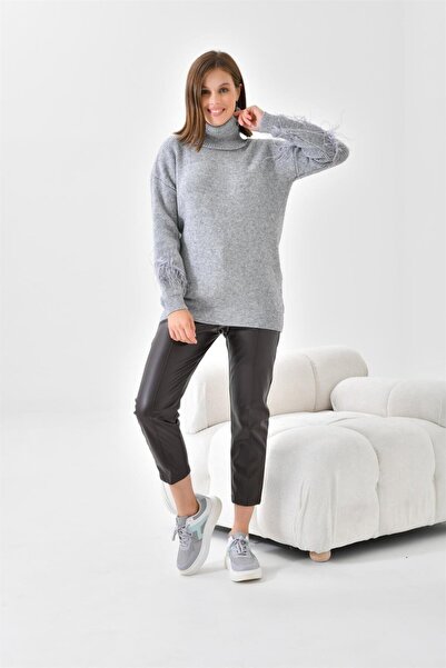 FTZ WOMEN Kadın Kuş Tüyü Detaylı Kazak Gri 20409