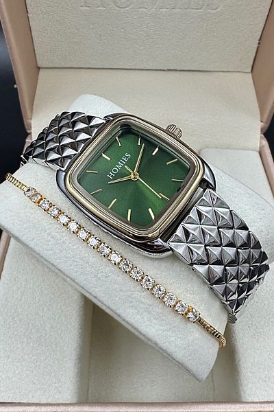 Homies Caterpillar Patterned Square Women's Wristwatch - Gold and Silver Color