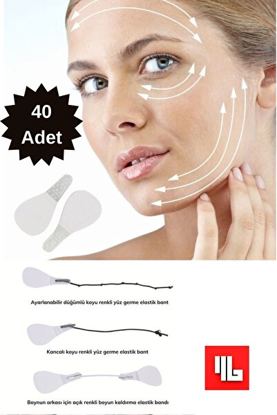 Mağazam Belli 40 Adet Yüz Yogası Gerdirme Bandı Lastikli Cilt Gençleştirme Kırışıklık Karşıtı Yüz Boyun Çene Göz