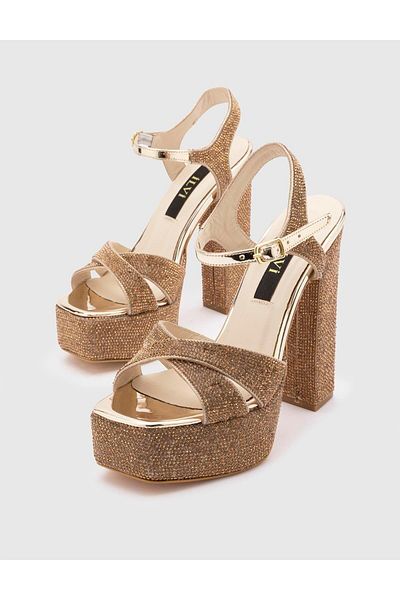İLVİ Jumana Genuine Leather Stoned Women's Gold Color Heeled Sandals