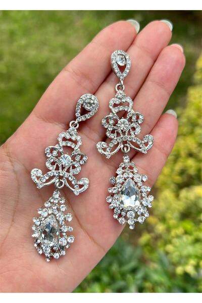 Defne Silver أقراط فستان سهرة كريستال شفاف