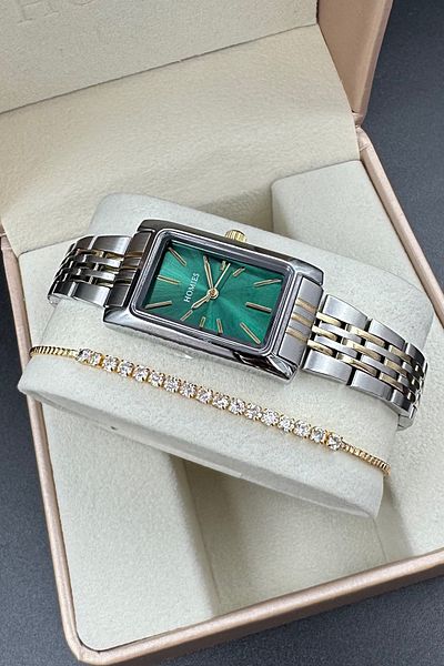 Homies Rectangular Case Model Women's Wristwatch Gold and Silver Color Green Dial Bracelet Gift.